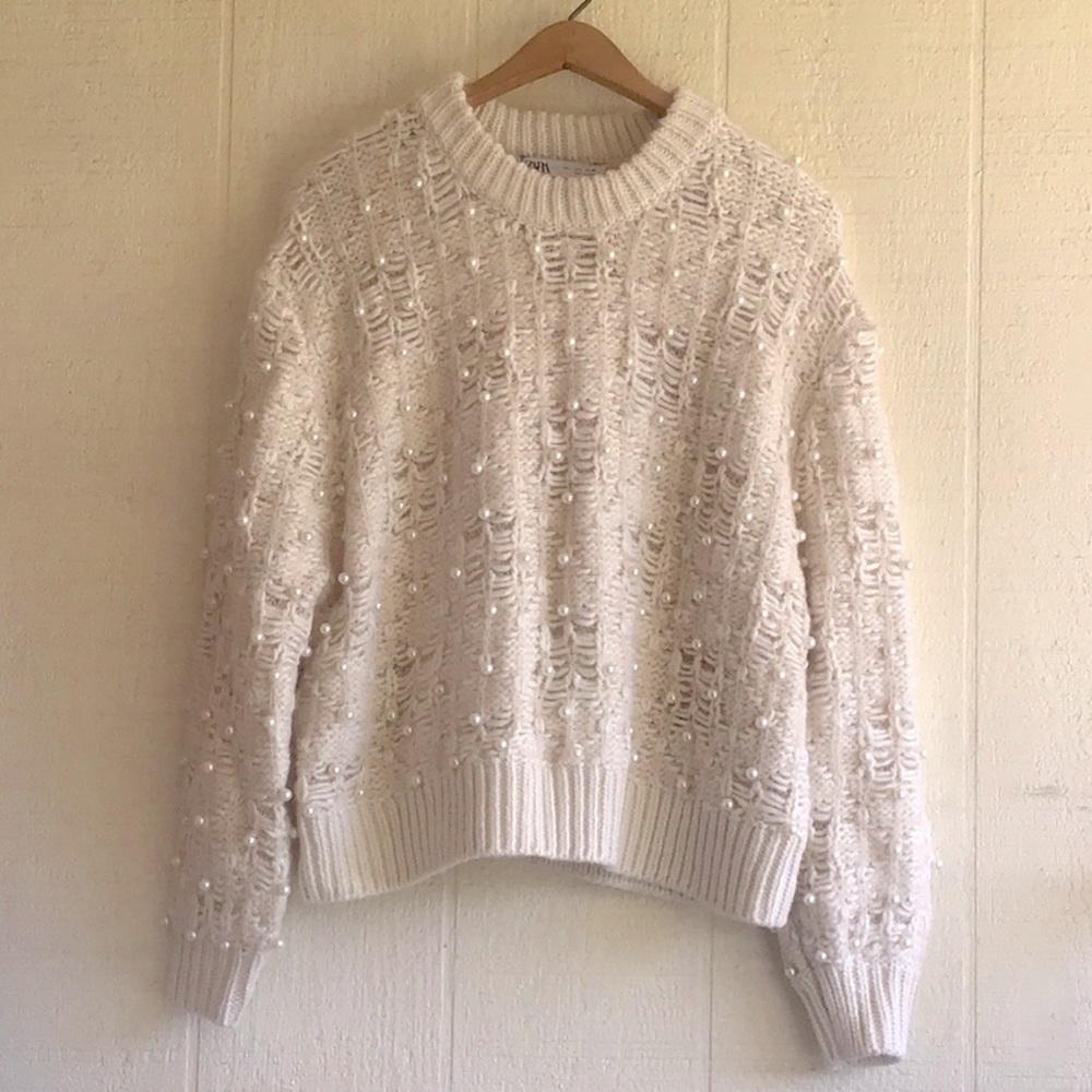 Zara pearl knit textured pullover sweater